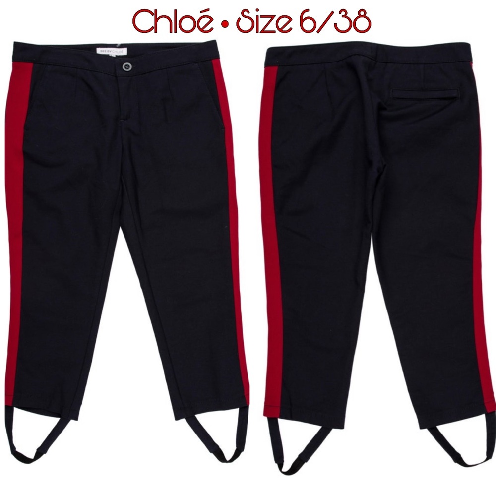 Chloé • Cropped to Knee Red & Navy Color Block Capri Pants. Size 6